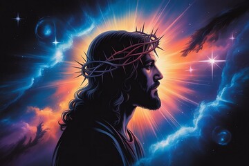 Canvas Print - Jesus christ Crowned with Thorns, Illuminated by Distant Galaxies and Shimmering Nebula. Love,care and kindness.