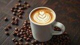 White cup of lungo coffee with latte art, coffee beans scattered on dark wood Perfect morning beverage,  morning coffee,  delicious