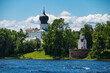 View of the Church of the Assumption of the Blessed Virgin Mary from Paromenya and the Olginsky Chapel from the Kremlin, Pskov, Russia.