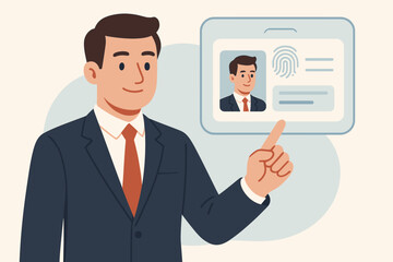 Poster - Businessman pointing to digital ID card on virtual screen. Biometric authentication with fingerprint scan. Concept for data security, personal identity verification, and access control.
