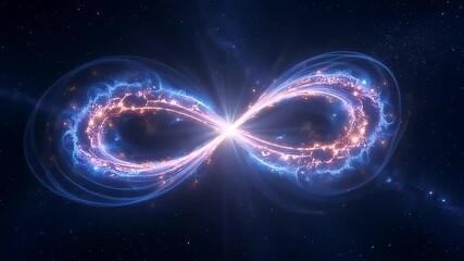 Poster - A cosmic infinity symbol with glowing blue and orange lights against a dark star filled background