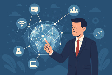 Aufkleber - Businessman touching global network. Data exchange and communication technology concept for internet business. Social media, big data, IoT, and digital innovation vector illustration.
