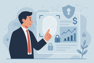 Poster - Businessman using fingerprint identification to access financial data. Biometric security, E-KYC, and digital authentication concept for cybersecurity, online banking, and data privacy.