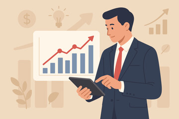 Poster - Businessman using tablet analyzing sales data and economic growth graph chart. Manager working on business strategy and finance report. Stock market investment and success concept.
