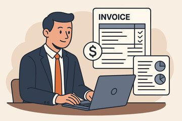 Poster - E-invoice concept with a businessman using a laptop for online billing and financial management. Digital statements, electronic documents, and online payments for corporate accounting.
