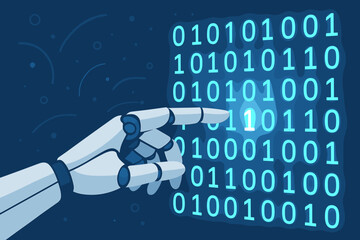 Poster - Machine learning, AI, and deep learning concept. Robotic hand touching digital binary code. Futuristic technology, data processing, and algorithm analysis vector illustration.