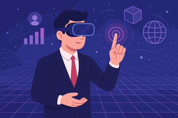 Aufkleber - Metaverse technology concept. Businessman wearing VR virtual reality glasses, experiencing the digital world. Man in suit interacting with data visualization for business future.