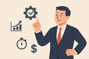 Poster - Business performance management concept. Businessman pointing at icons for quality, speed, efficiency, and cost. Productivity, optimization, and growth strategy. Flat vector.