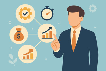 Poster - Business performance management concept with key metrics. Businessman pointing at icons for quality, speed, cost, and efficiency. Growth strategy and optimization vector illustration.