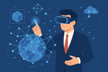 Aufkleber - Businessman in VR headset interacts with metaverse interface. Concept of global business, future technology, blockchain, cloud computing, and digital network. Virtual reality experience.