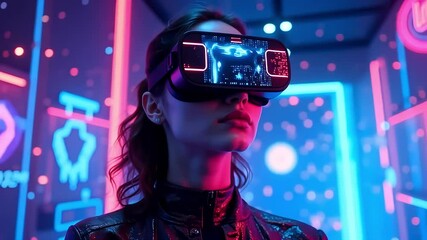 Fototapete - A woman wearing a vr headset in a neon lit room with futuristic design and digital elements around her