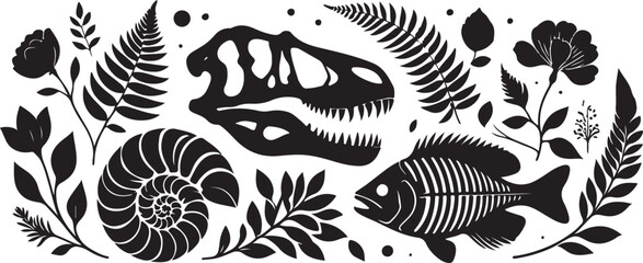 Dinosaur skull fossil fish skeleton ammonite fern flowers vector