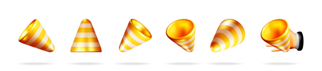 Poster - Set of gold and white striped party poppers in 3d vector style for celebration event. Holiday cone for social media posts.