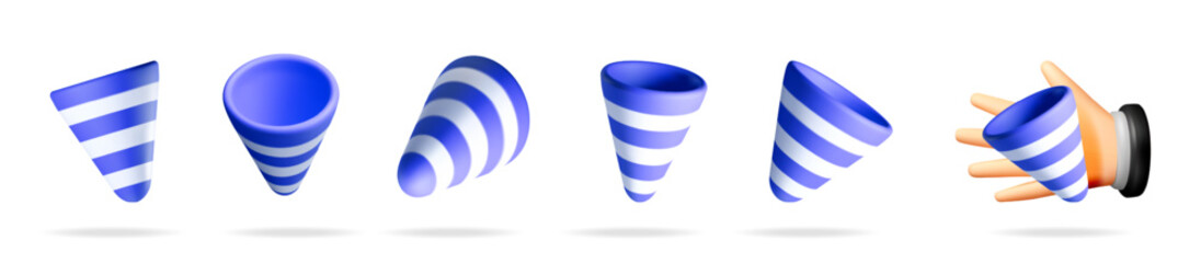 Poster - Set of blue and white striped party poppers in 3d vector style for celebration event. Holiday cone for social media posts.