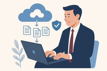 Fototapete - Cloud computing security concept. Businessman at laptop downloading protected files from secure cloud storage. Cybersecurity, data privacy, information technology vector.