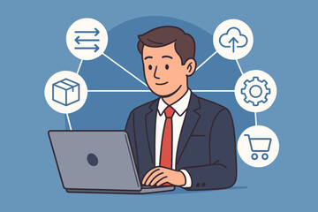 Poster - Businessman using laptop for EDI, Electronic Data Interchange. Supply chain management concept with icons for logistics, cloud, e-commerce, automation. Vector cartoon illustration.