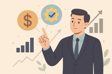 Poster - Quality control and cost management concept. Businessman balances price and value. Strategy for company efficiency, business growth, cost reduction and improvement.