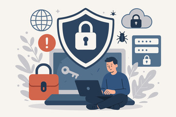 Poster - Cyber security concept with man on laptop. Data protection, online privacy and internet safety. Network technology security with shield, lock, password and key. Vector illustration.
