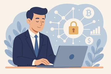 Poster - DeFi, Decentralized Finance vector concept. Blockchain business technology illustration. Businessman with laptop on secure financial system, crypto network, bitcoin and investment.
