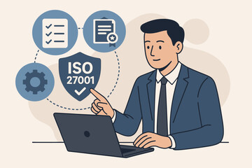 Poster - ISO 27001 concept illustration. Businessman with laptop managing Information Security Management System (ISMS). Data protection, compliance, audit and certification standard.