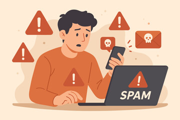 Poster - Internet Security Threat Alert. Person Using Smartphone and Laptop Facing Spam, Virus, Malware Warnings, Email Phishing, Cyber Attack Notification. Online Safety Concept Vector