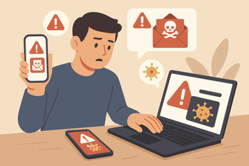 Poster - Cybersecurity threat alert concept. Person using smartphone and laptop receives virus, malware, phishing email warnings. Internet security, spam notification, data protection illustration