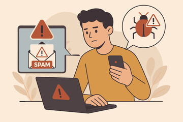 Poster - Internet Security Alert Concept. Man Using Smartphone and Laptop Receives Spam Email Warning, Virus Bug Notification, Malware Threat, Caution Symbol. Cybersecurity Vector Illustration