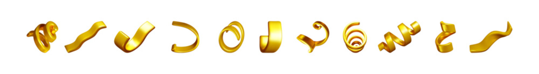 Aufkleber - Set of 3d golden ribbons in various abstract shapes on a white background. Isolated vector illustration. Graphic element for design.