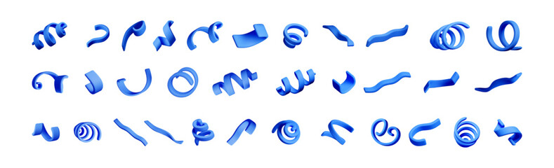 Poster - A set of blue 3d rendered abstract shapes on a white background. Collection of wavy, spiral, and curved forms for graphic design element.