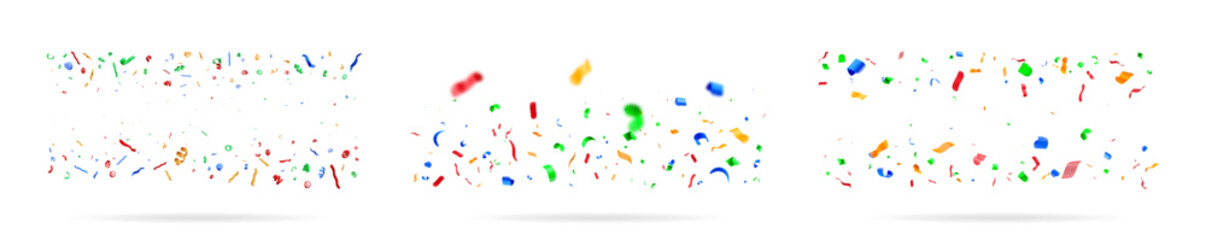 Aufkleber - Three sets of colorful confetti falling on a crisp white background. Celebration and festive concept for greeting card, party invitation, or banner.