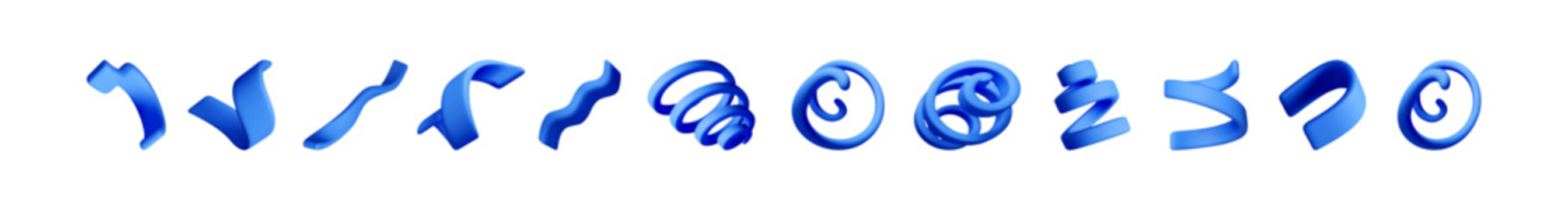 A set of blue 3d rendered abstract shapes on a white background. Collection of wavy, spiral, and curved forms for graphic design element.