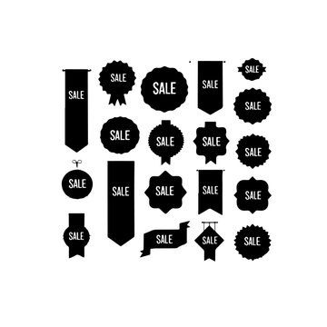 A collection of black and white sale banners and label designs set