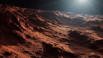 Martian Terrain: An evocative depiction of a rugged, alien landscape under a bright, shining sun, this image takes viewers on a journey across the textured surface of Mars.