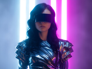 Poster - Futuristic woman visor metallic outfit neon light cyberpunk confident technology fashion
