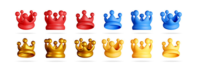 Poster - Collection of 3d vector crowns in red, blue, and gold with soft shadows. Rendered for design element or game asset.