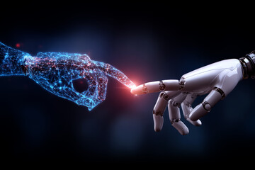 Aufkleber - Hands of robot and human touching on big data network connection background,