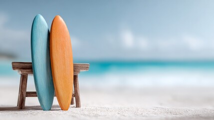 Poster - Two miniature surfboards, one light blue and one orange, leaning against a small wooden bench on a sandy beach, with a turquoise ocean and soft blue sky in the background