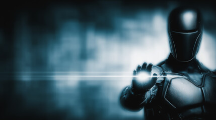 Poster - Futuristic Visionary: An anonymous figure, enveloped in sleek, high-tech attire, confidently interacts with a beam of light, hinting at advanced technology and innovation.