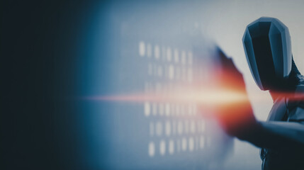 Poster - Digital Sentinel: A sleek, futuristic robot stands sentinel before a luminous digital display, its form a blend of technology and abstract artistry, embodying the concepts of data and information.