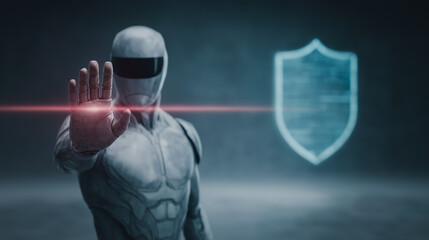 Poster - Cybersecurity Sentinel: A futuristic figure, the embodiment of digital defense, stands ready. with a striking digital shield that epitomizes safety and protection. 