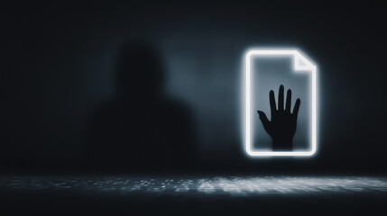 Poster - Cybersecurity Alert: An enigmatic silhouette casts a watchful presence as a digital document is shielded by a hand icon, a visual representation of digital security.