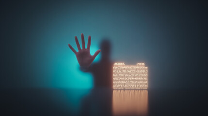 Poster - Data Breach Threat: A shadowy figure behind frosted glass, reaching out to a folder icon symbolizing sensitive data, evokes a sense of vulnerability and the threat of a data breach.