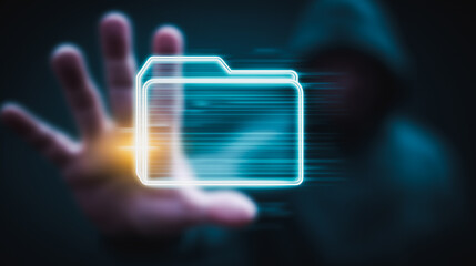Poster - Data Breach Alert: Digital file icon hovering above a human hand, embodying the concept of cybersecurity threats, digital security and information privacy.