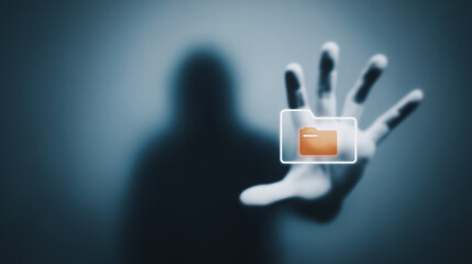 Poster - Data Security: A shadowy figure's outstretched hand interacts with a digital folder icon, suggesting control over sensitive information in a modern, tech-driven world.