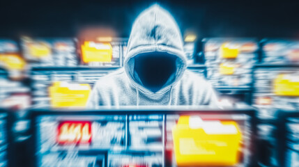 Poster - Cyber Intrusion: An enigmatic figure shrouded in a hooded sweatshirt looms over a complex network of servers, symbolizing the omnipresent threat of digital infiltration and data breaches.