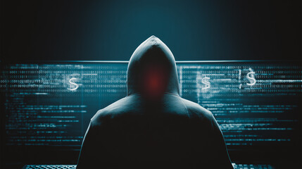 Poster - Cyber Shadow: A silhouette of a hooded figure looms menacingly before a monitor displaying cascading lines of code and ominous dollar signs, representing the unseen threat of cybercrime.