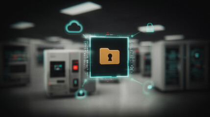 Poster - Cybersecurity:  Secure Data in the Digital World. An artistic rendition of digital security, showcasing a secure folder at the core of a network within a server room.