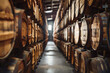 © Tetiana - Generative AI image of person exploring traditional winery wooden barrels for wine beer alcohol production