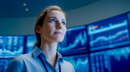 Poster - Woman observing financial graphs on multiple screens in high-tech office environment. Bright blue tones illuminate workspace. Concept of finance, data analysis, business intelligence