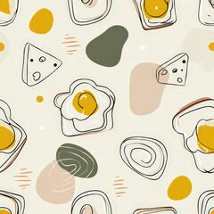 Poster - Abstract Pattern Design Featuring Hand-Drawn Food Doodles Like Cheese and Eggs on a Light Beige Background